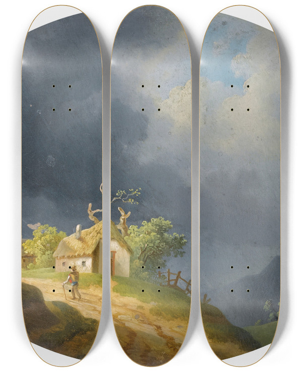 Triptych art skateboard deck of Ignaz Raffalt Stormy Landscape by Ignaz Raffalt (1800-1857)