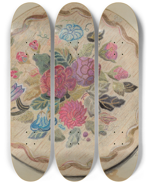 Triptych art skateboard deck of Lillian M Mosseller Hooked Rug_6 by Lillian M Mosseller