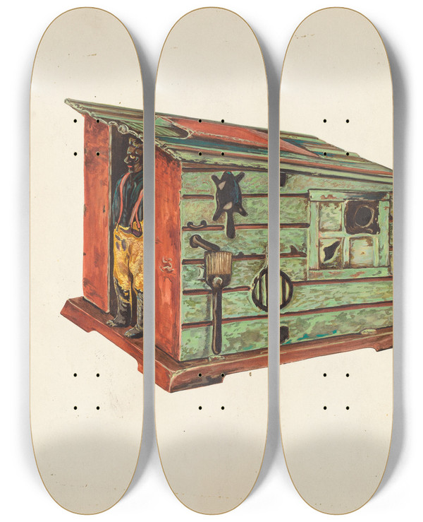Triptych art skateboard deck of Einar Heiberg Mechanical Bank by Einar Heiberg