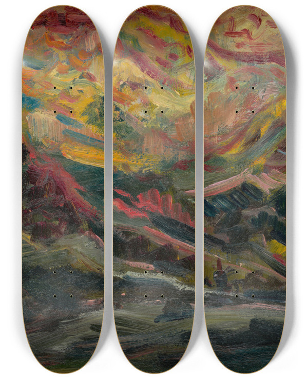 Triptych art skateboard deck of Arnold Peter Weiszkubnan Sunset In The Mountains_1 by Arnold Peter Weisz-Kubnan (1898-1944)