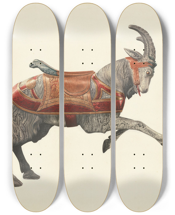 Triptych art skateboard deck of Donald Donovan Carousel Goat by Donald Donovan