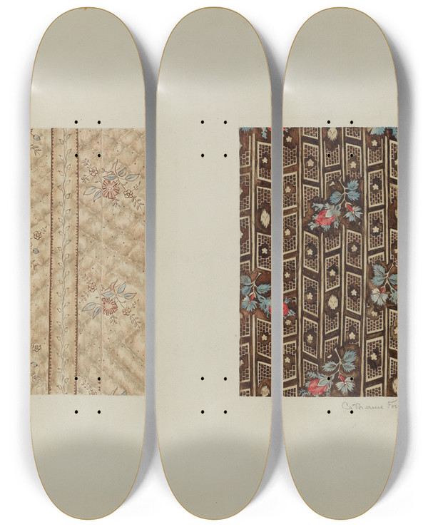 Triptych art skateboard deck of Catherine Fowler Chintzes From Quilt by Catherine Fowler