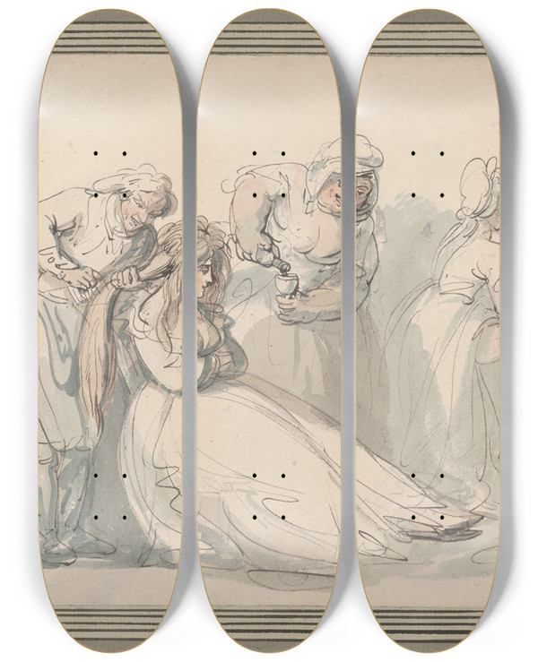 Triptych art skateboard deck of Thomas Rowlandson The Morning Dram by Thomas Rowlandson (1756-1827)
