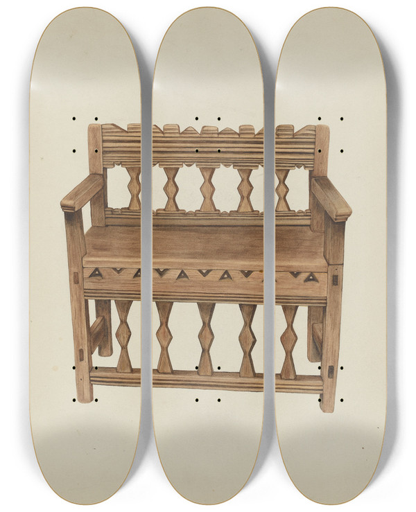 Triptych art skateboard deck of Margery Parish Bench by Margery Parish