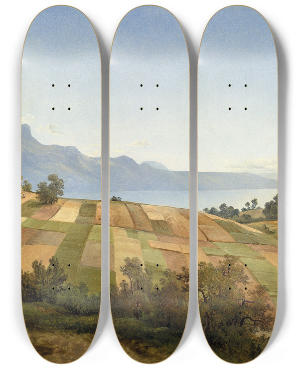 Triptych art skateboard deck of Alexandre Calame Swiss Landscape by Alexandre Calame (1810-1864)