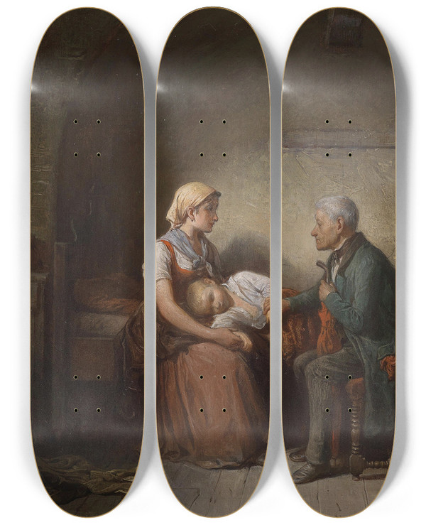 Triptych art skateboard deck of Friedrich Friedlnder Der Doktor by Friedrich Friedlander (1825-1901)