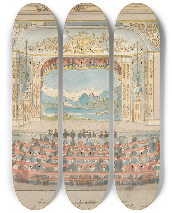 Triptych art skateboard deck of William Henry Brooke Interior Marionette Theatre by William Henry Brooke (1772-1860)
