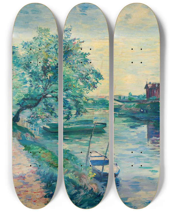 Triptych art skateboard deck of Emmanuel De La Villon La Guinguette Au Bord De La Seine by Emmanuel de La Villon (1858-1944)