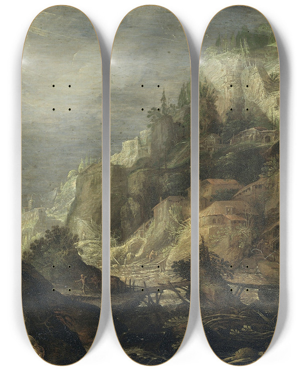 Triptych art skateboard deck of Frederik Van Valckenborch Mountainous Landscape by Frederik Van Valckenborch (1566-1623)