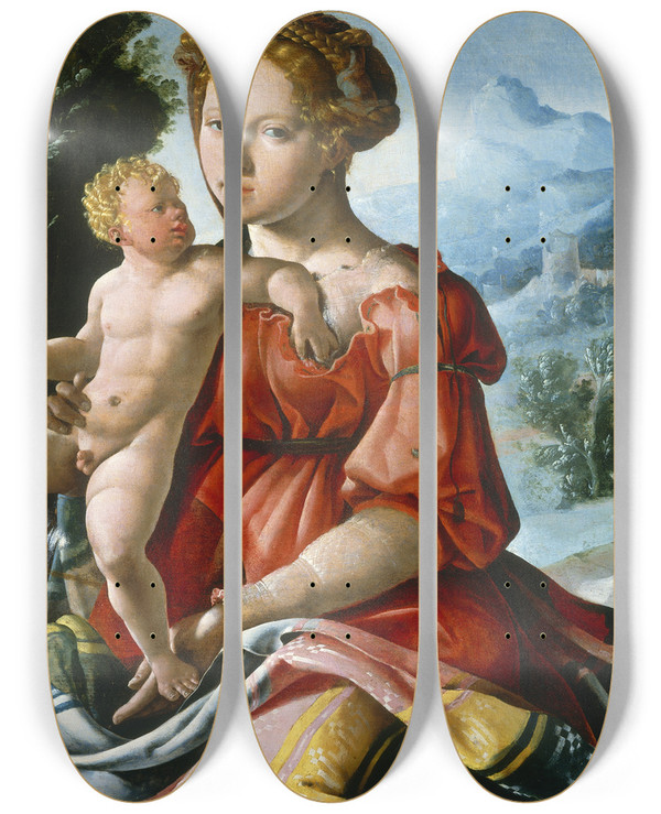 Triptych art skateboard deck of Maarten Van Heemskerck The Rest On The Flight Into Egypt by Maarten Van Heemskerck (1498-1574)