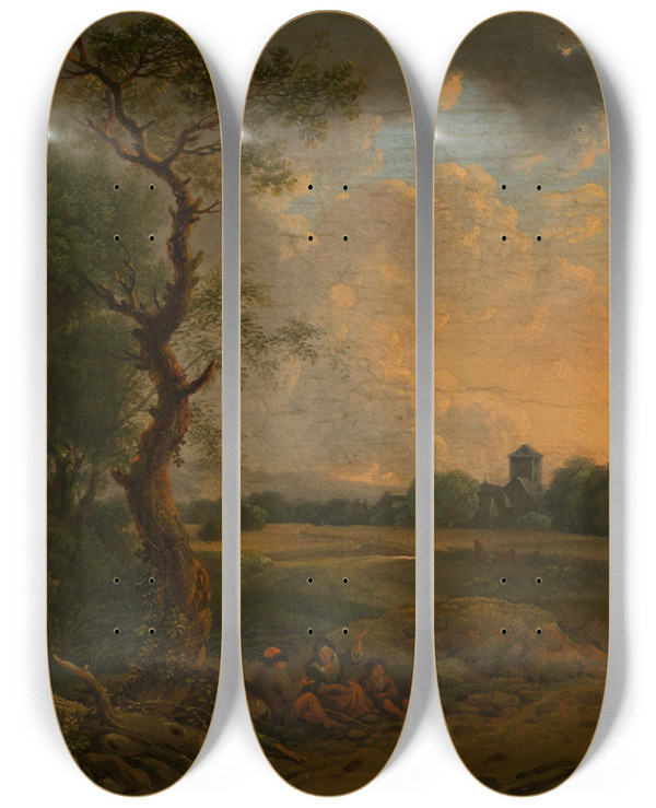 Triptych art skateboard deck of Ferdinand Kobell Abendlandschaft Mit Heuwagen by Ferdinand Kobell (1740-1799)