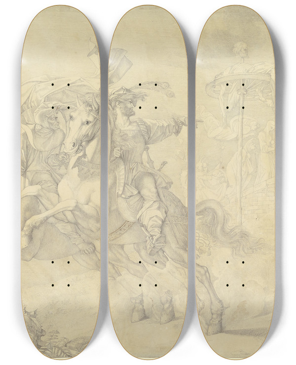 Triptych art skateboard deck of Peter Von Cornelius Die Erscheinung Am Rabenstein_2 by Peter Von Cornelius (1784-1867)