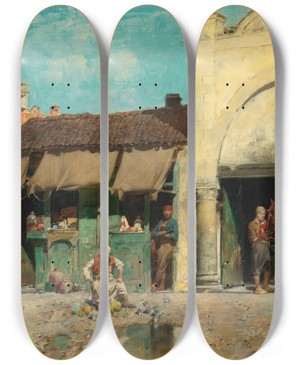 Triptych art skateboard deck of Alberto Pasini The Blacksmiths Shop by Alberto Pasini (1826-1899)