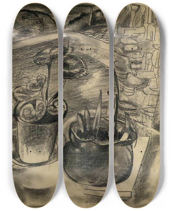 Triptych art skateboard deck of Frances Hodgkins Still Life In Landscape Bodinnick Cornwall by Frances Hodgkins (1869-1947)