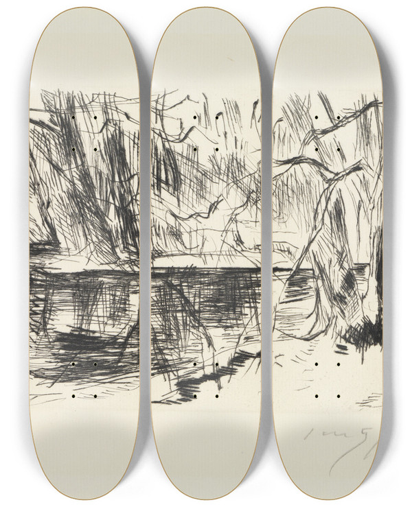 Triptych art skateboard deck of Lovis Corinth Im Tiergarten by Lovis Corinth (1858-1925)
