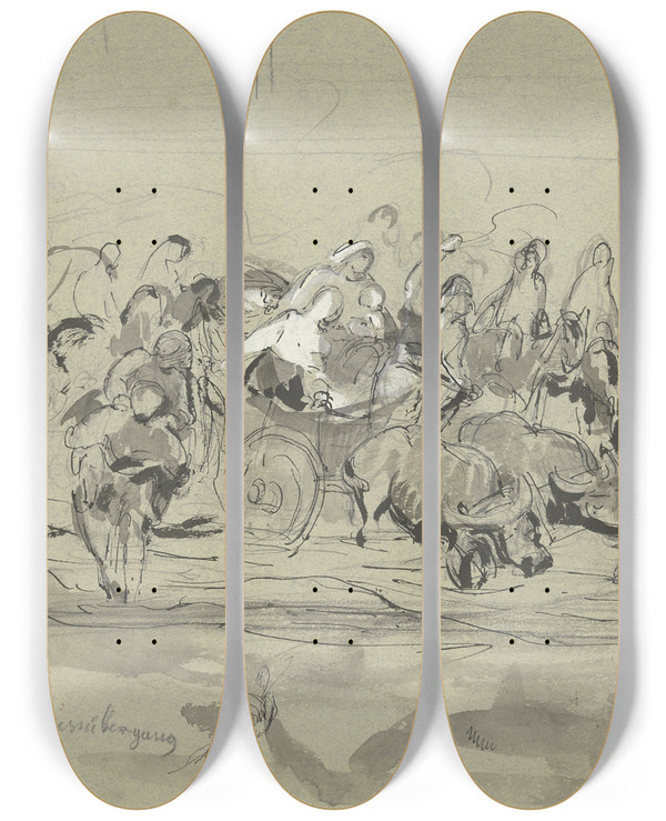 Triptych art skateboard deck of Dora Hitz Rumnischer Flubergang by Dora Hitz (1856-1924)