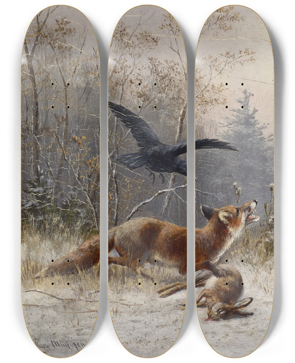 Triptych art skateboard deck of Moritz Mller Fox Chasing Rabbits In Winter by Moritz Melzer (1841-1899)