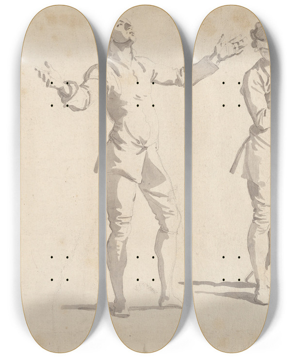 Triptych art skateboard deck of Giovanni Paolo Panini Three Figure Studies by Giovanni Paolo Panini (1691-1765)