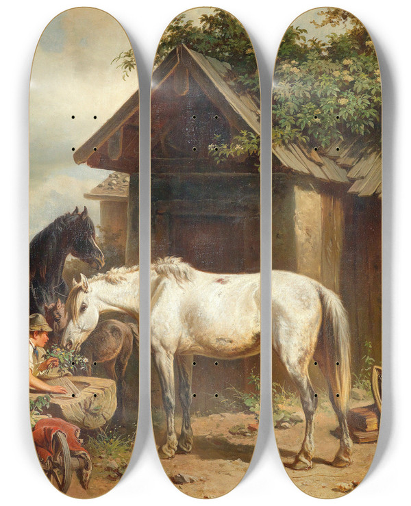 Triptych art skateboard deck of Adolf Van Der Venne Pferde Am Bauernhof by Adolf van der Venne (1828-1911)