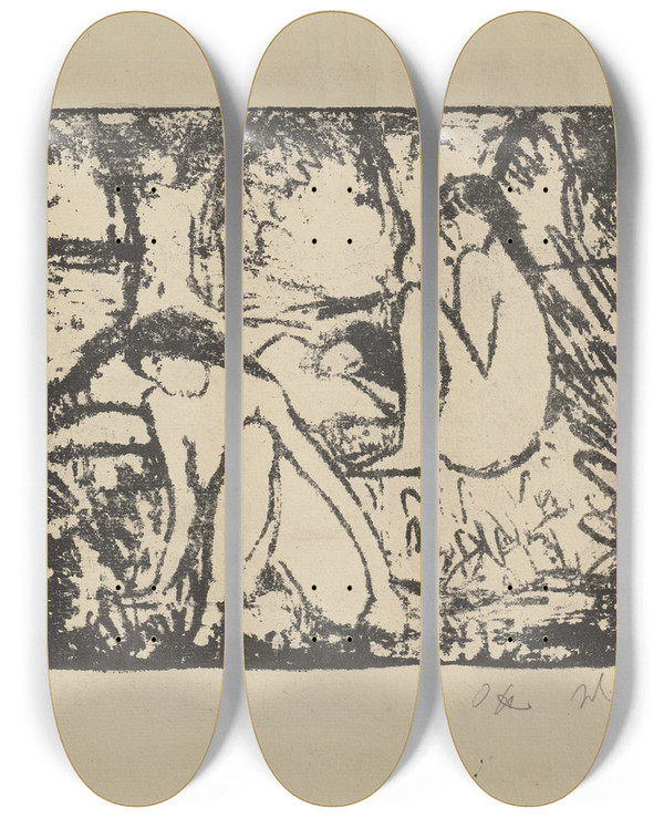 Triptych art skateboard deck of Otto Mueller Zwei Sitzende Mdchen Vor Liegender Figur by Otto Mueller (1874-1930)