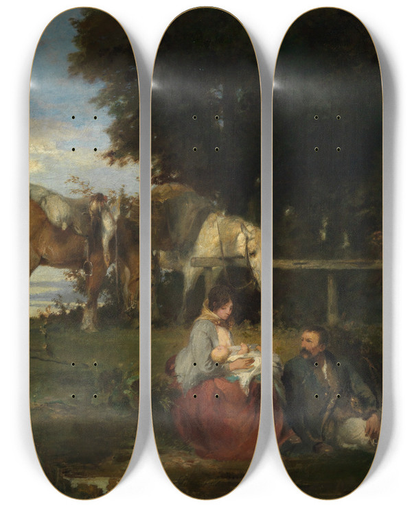 Triptych art skateboard deck of Hans Von Mares Rast Am Waldesrand by Hans Von Marees (1837-1887)