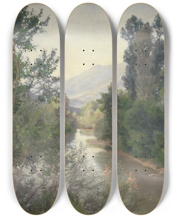 Triptych art skateboard deck of Joakim Skovgaard Efterrsdag Ved Lirifloden by Joakim Skovgaard (1856-1933)