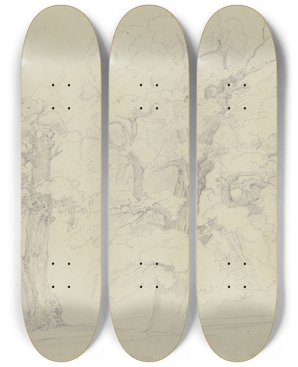 Triptych art skateboard deck of Jakob Becker Two Trees by Jakob Becker (1810-1872)
