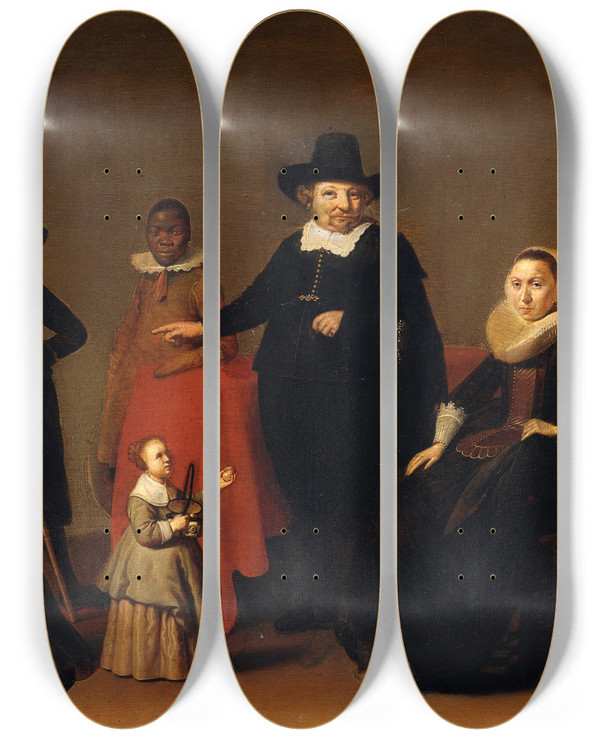 Triptych art skateboard deck of Willem Cornelisz Duyster Family Group With A Black Man by Willem Cornelisz Duyster (1599-1635)