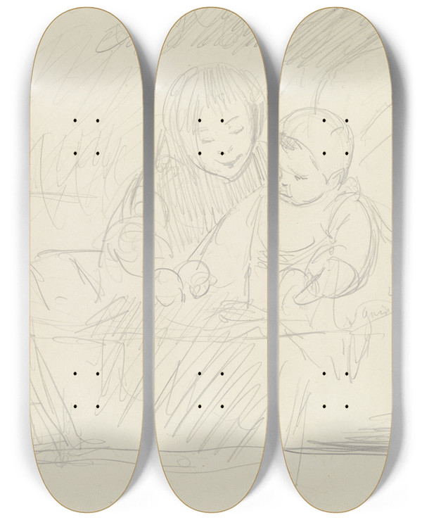 Triptych art skateboard deck of Dora Hitz Two Playing Children by Dora Hitz (1856-1924)