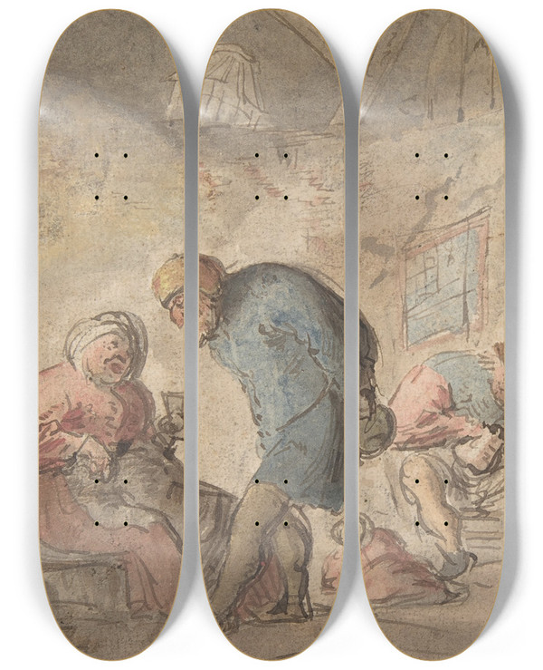 Triptych art skateboard deck of Adriaen Van Ostade Peasants Drinking_2 by Adriaen Van Ostade (1610-1684)