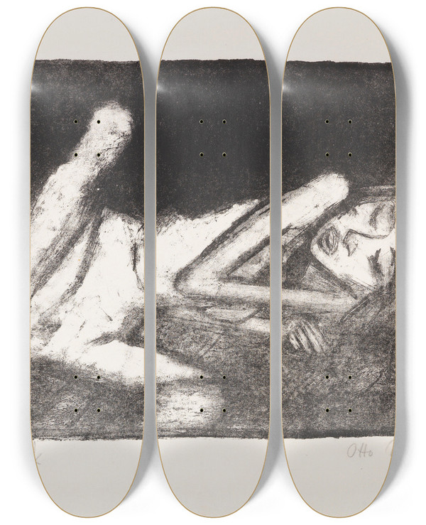 Triptych art skateboard deck of Otto Mueller Mdchen Auf Der Liege by Otto Mueller (1874-1930)