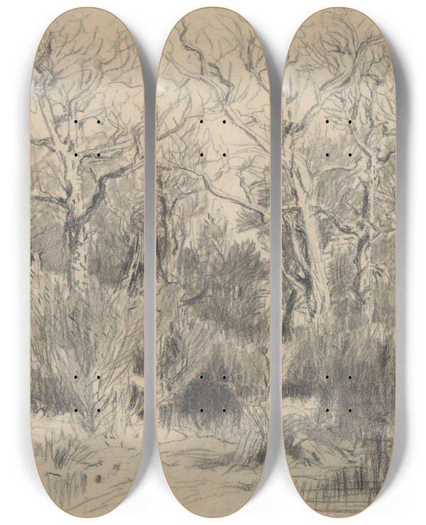 Triptych art skateboard deck of Thodore Rousseau Trees In A Thicket by Theodore Rousseau (1812-1867)