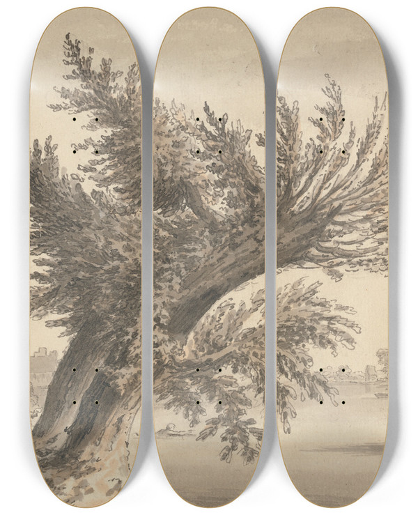 Triptych art skateboard deck of Samuel Hieronymus Grimm On The Thames At Barnes by Samuel Hieronymus Grimm (1733-1794)