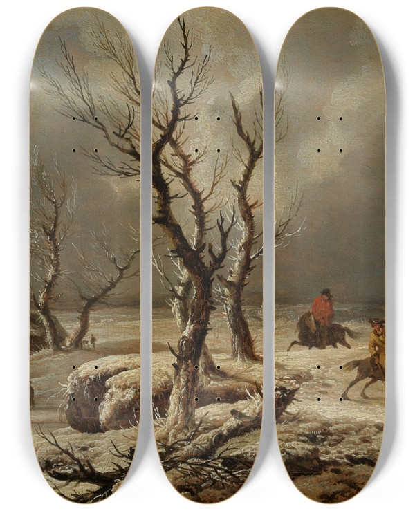 Triptych art skateboard deck of Ferdinand Kobell Winterlandschaft Mit Zwei Reitern by Ferdinand Kobell (1740-1799)