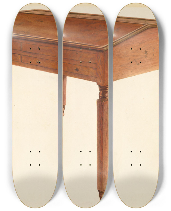 Triptych art skateboard deck of William Spiecker Bishop Hill Accounting Desk by William Spiecker
