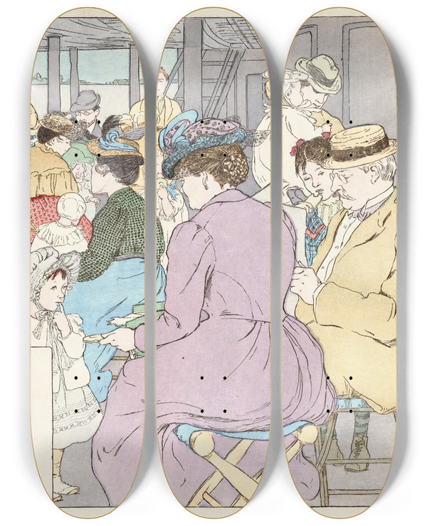 Triptych art skateboard deck of Ethel Mars The Excursion Boat by Ethel Mars (1876-1959)