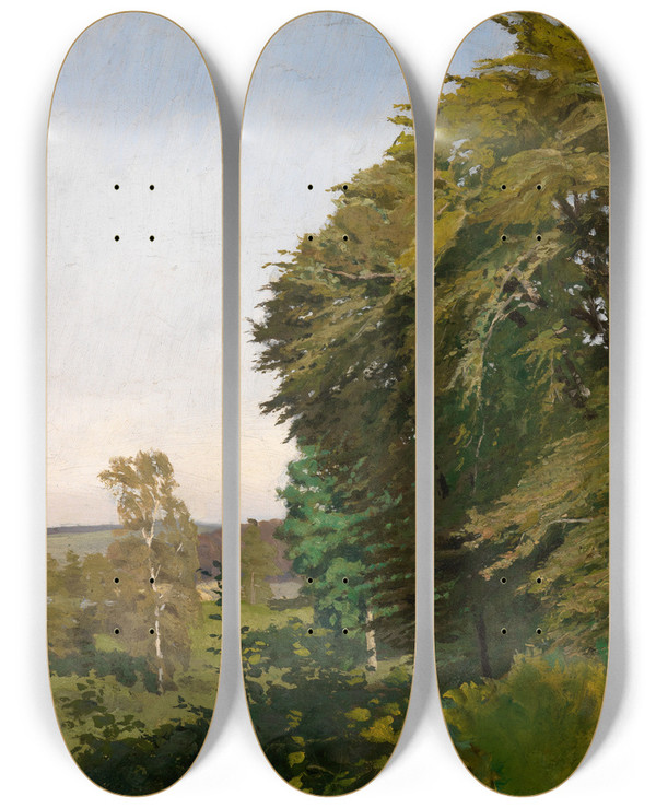 Triptych art skateboard deck of Gustav Kampmann Landschaft Aus Schleswigholstein by Gustav Kampmann (1859-1917)