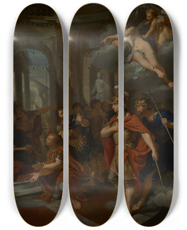 Triptych art skateboard deck of Nicolas Verkolye Dido And Aeneas by Nicolas Verkolye (1673-1746)
