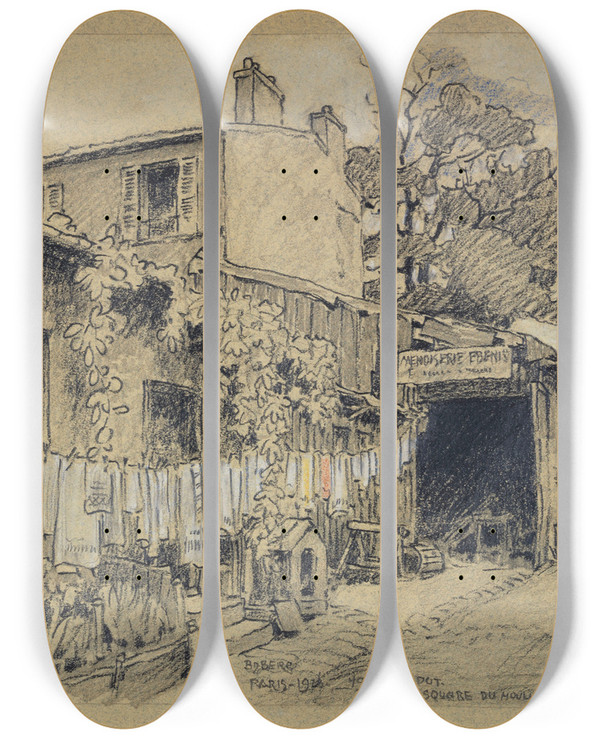 Triptych art skateboard deck of Ferdinand Boberg 49 Rue Didot Futur Square Du Moulinvert by Ferdinand Boberg (1860-1946)