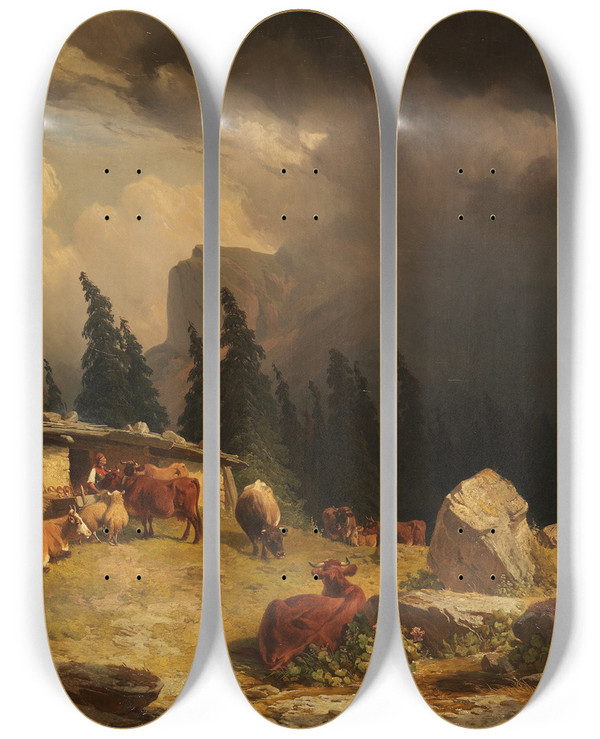 Triptych art skateboard deck of Friedrich Voltz Gewitter Im Gebirge by Friedrich Voltz (1817-1886)