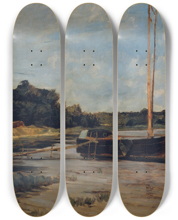 Triptych art skateboard deck of Carl Schuch Segelschiff Auf Der Havel by Carl Schuch (1846-1903)