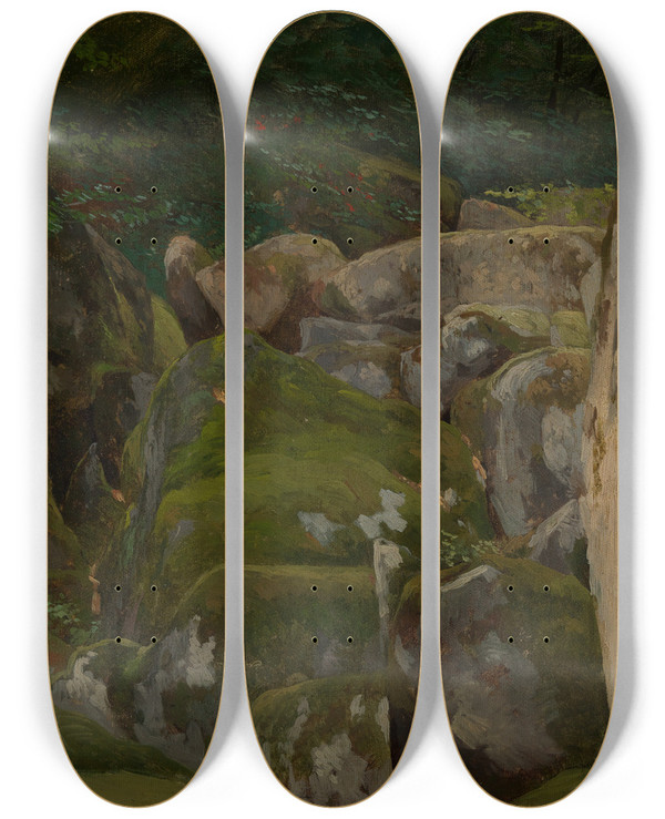 Triptych art skateboard deck of Eugen Bracht Bemooste Felsen Im Waldtal by Eugen Bracht (1842-1921)