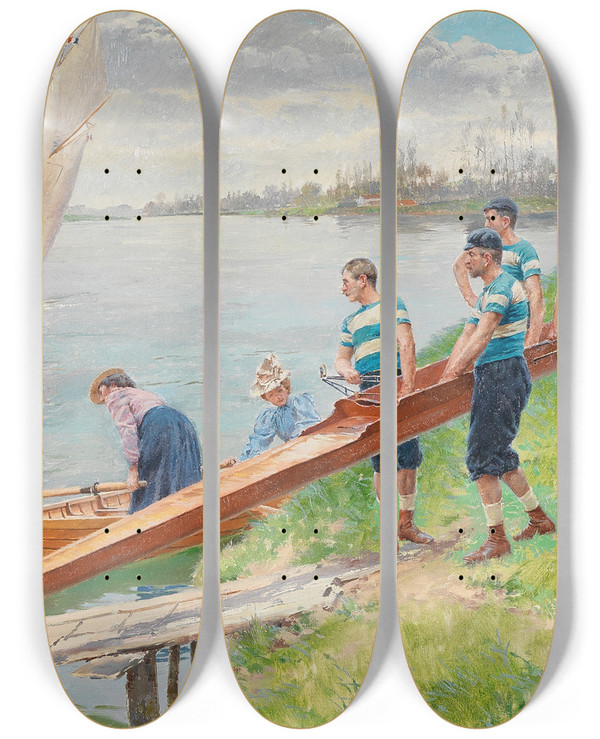 Triptych art skateboard deck of Ferdinand Joseph Gueldry Launching The Boat by Ferdinand Joseph Gueldry