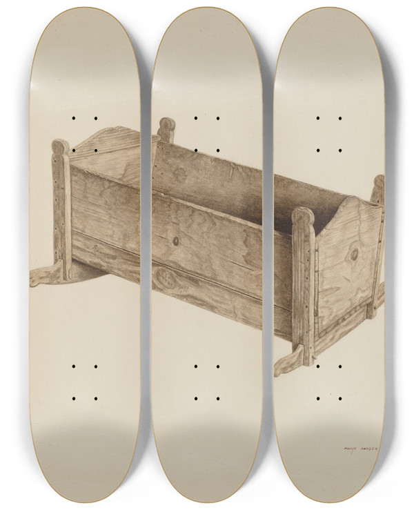Triptych art skateboard deck of Mary Hansen Box Cradle by Mary Hansen