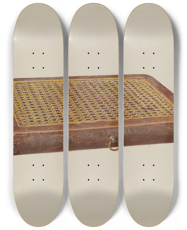 Triptych art skateboard deck of Alfred Walbeck Portable Seat by Alfred Walbeck