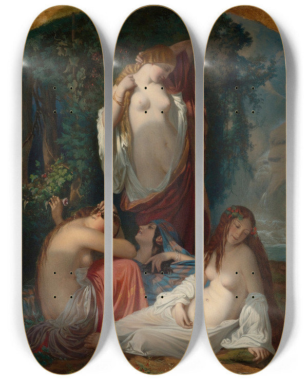 Triptych art skateboard deck of Henri Lehmann Les Baigneuses Les Filles De La Source_1 by Henri Lehmann (1814-1882)