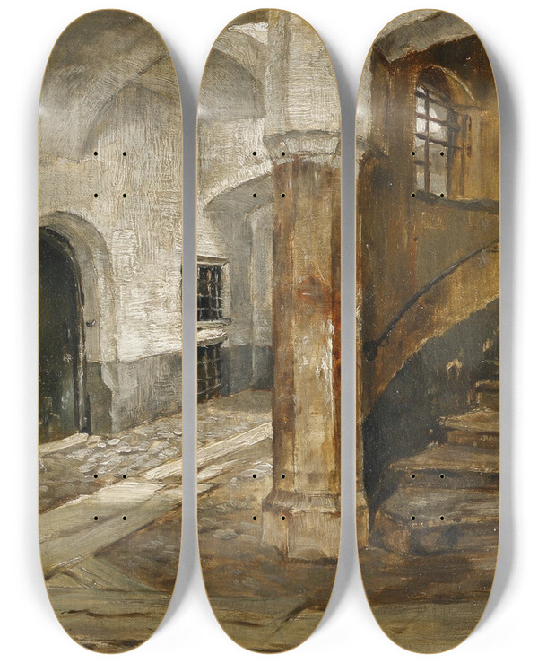 Triptych art skateboard deck of Karl Gebhardt Studie Aus Hall 3 by Karl Gebhardt (1860-1917)