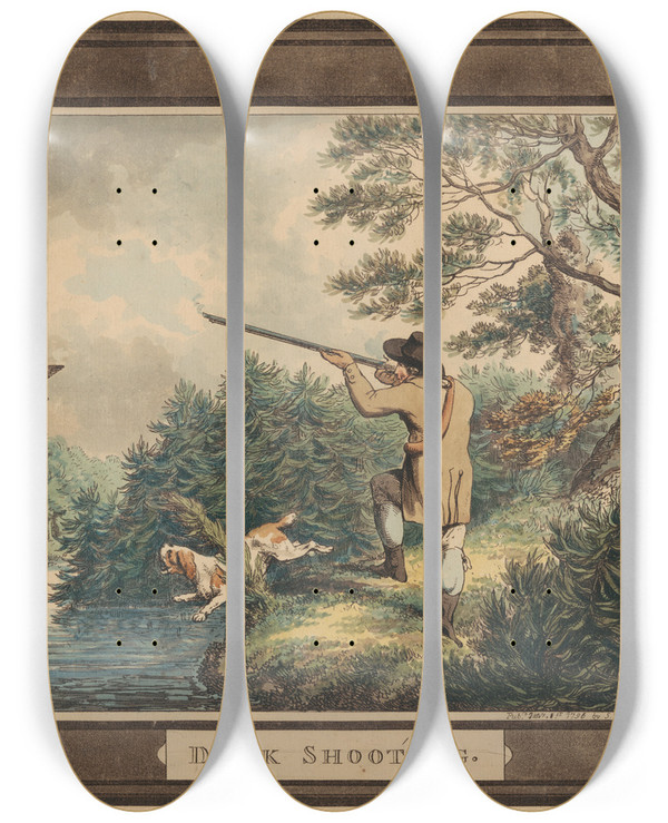 Triptych art skateboard deck of Samuel Howitt Duck Shooting by Samuel Howitt (1756-1822)