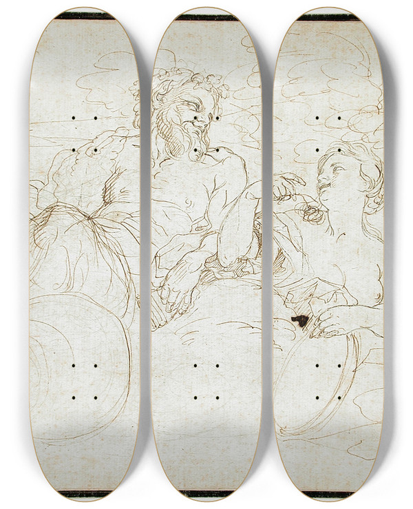 Triptych art skateboard deck of Carlo Cignani Satyr And Woman by Carlo Cignani (1628-1719)