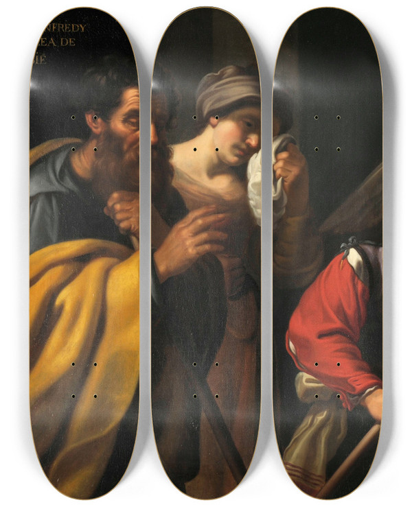Triptych art skateboard deck of Bartolomeo Manfredi Le Dpart Du Jeune Tobie by Bartolomeo Manfredi (1580-1620)